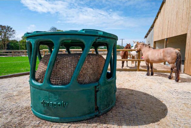 râtelier durapoly posé sur un sol stabilisé avec un filet slowfeeding et groupe de chevaux dans un établissement équestre