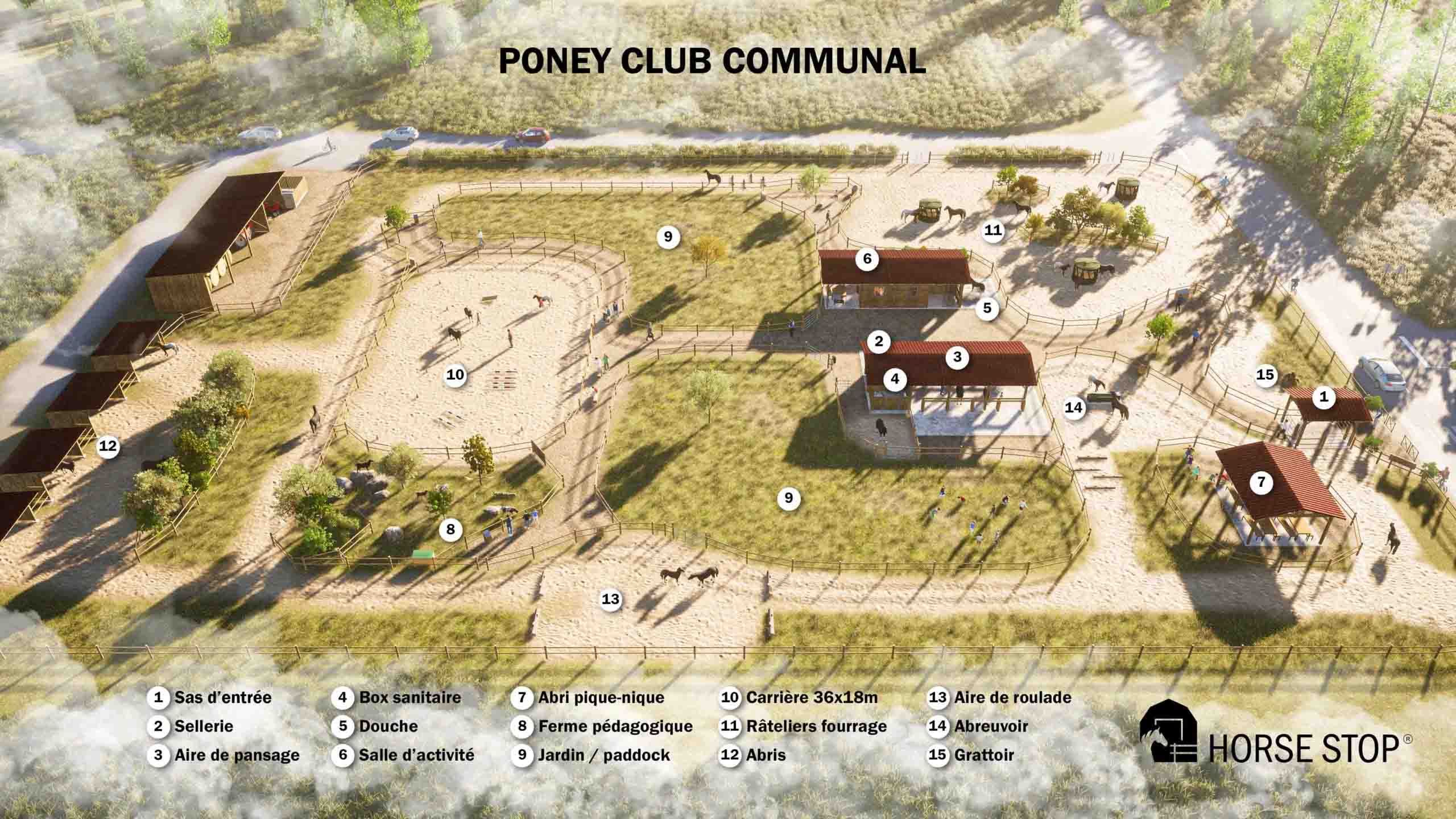 vue aérienne 3D d'un terrain de foot qui devient un poney club