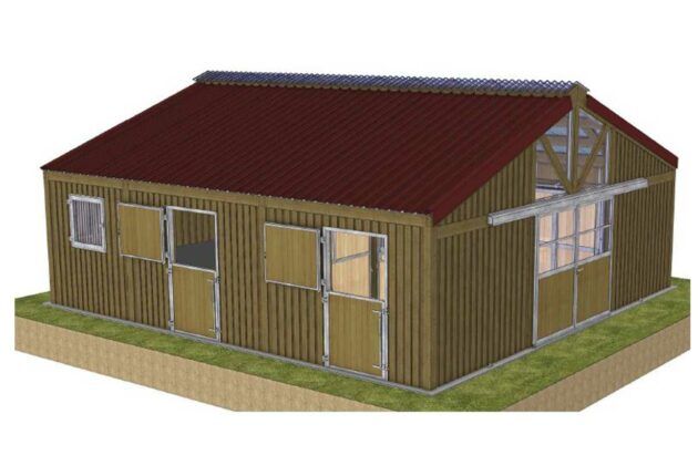 Barn bois 9x9.5m comprenant 2 boxes, espaces soin, douche, stockage et sellerie
