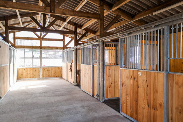 Le soin des chevaux dans un barn bois sur-mesure, façades coulissantes et séparations