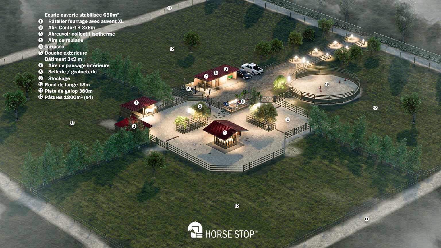 vue aérienne sur l'écurie active, 3D par horse stop
